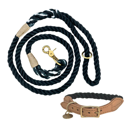 Black Rope & Leather Dog Collar & Leash Bundle